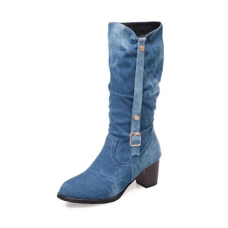 Laarzen Dames Lange Buis Korte Laars Winter Hoge Hak Denim Dame Stijlvolle Jeans Gesp Schoenen - Blauw