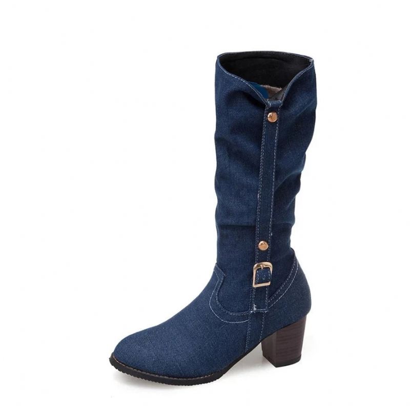 Laarzen Dames Lange Buis Korte Laars Winter Hoge Hak Denim Dame Stijlvolle Jeans Gesp Schoenen - Blauw