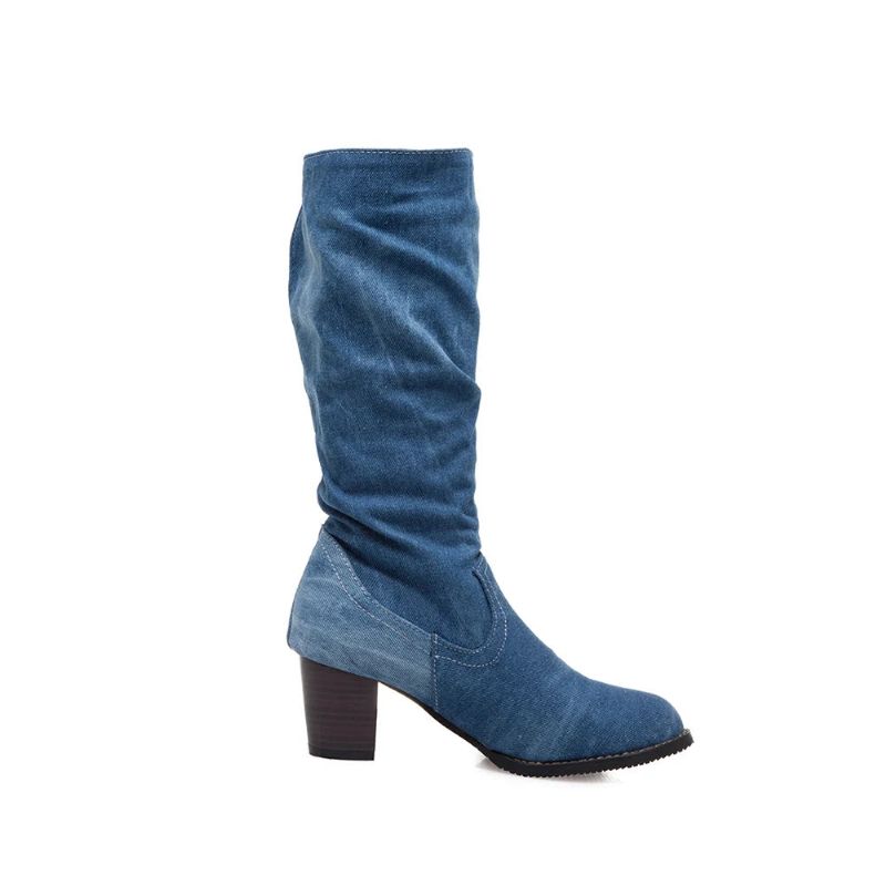 Laarzen Dames Lange Buis Korte Laars Winter Hoge Hak Denim Dame Stijlvolle Jeans Gesp Schoenen - Blauw