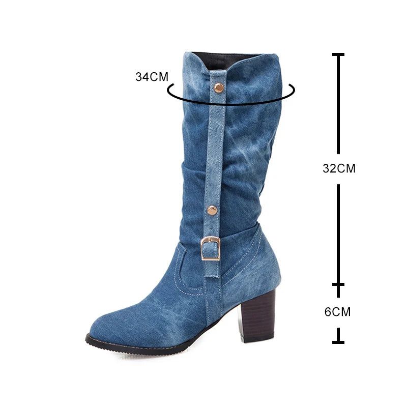 Laarzen Dames Lange Buis Korte Laars Winter Hoge Hak Denim Dame Stijlvolle Jeans Gesp Schoenen - Blauw