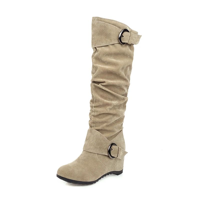 Retro Dames Flock Kniehoge Laarzen Winter Dameslaarzen Slip Op Verhoog Vrouwelijke Schoenen - Beige