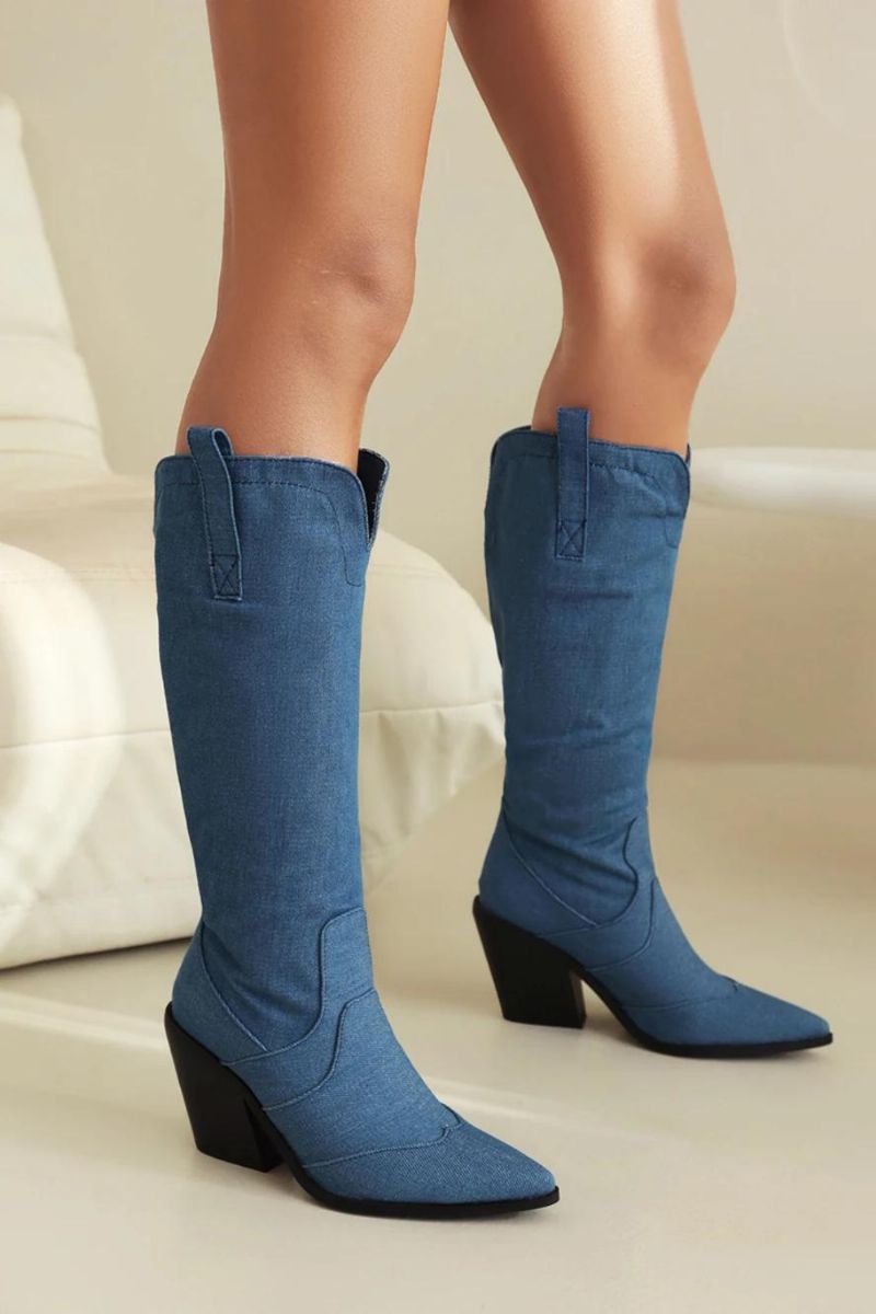 Retro Denim Westerse Vrouwen Knie Hoge Laarzen Wiggen Herfst Winter Puntschoen Vrouw Schoenen