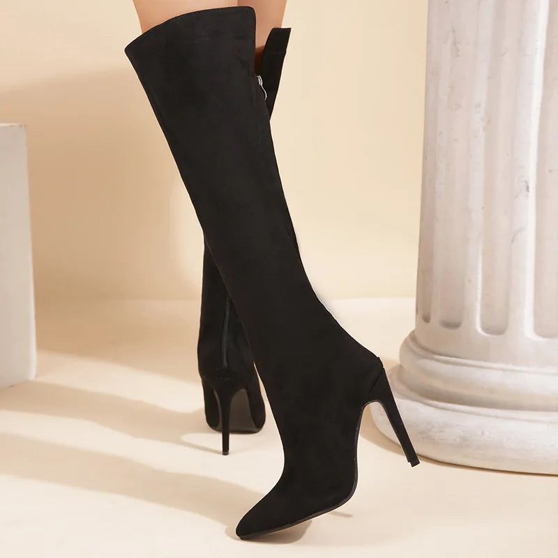 Sexy Vrouwen Dij Hoge Laarzen Herfst Winter Suede Puntschoen Stiletto Hakken Feestjurk Over De Knie - Grijs