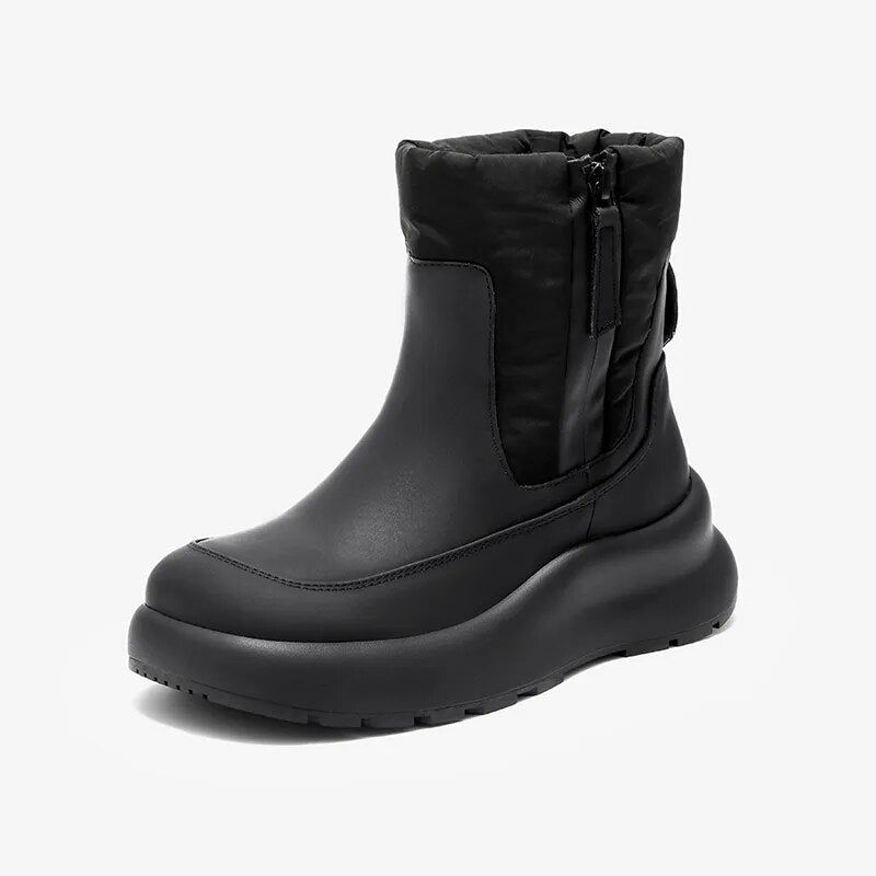 Snowboots Dames Echt Leer Ronde Neus Antislip Waterdicht Effen Neutraal Winter Schoenen Handgemaakt - Zwart