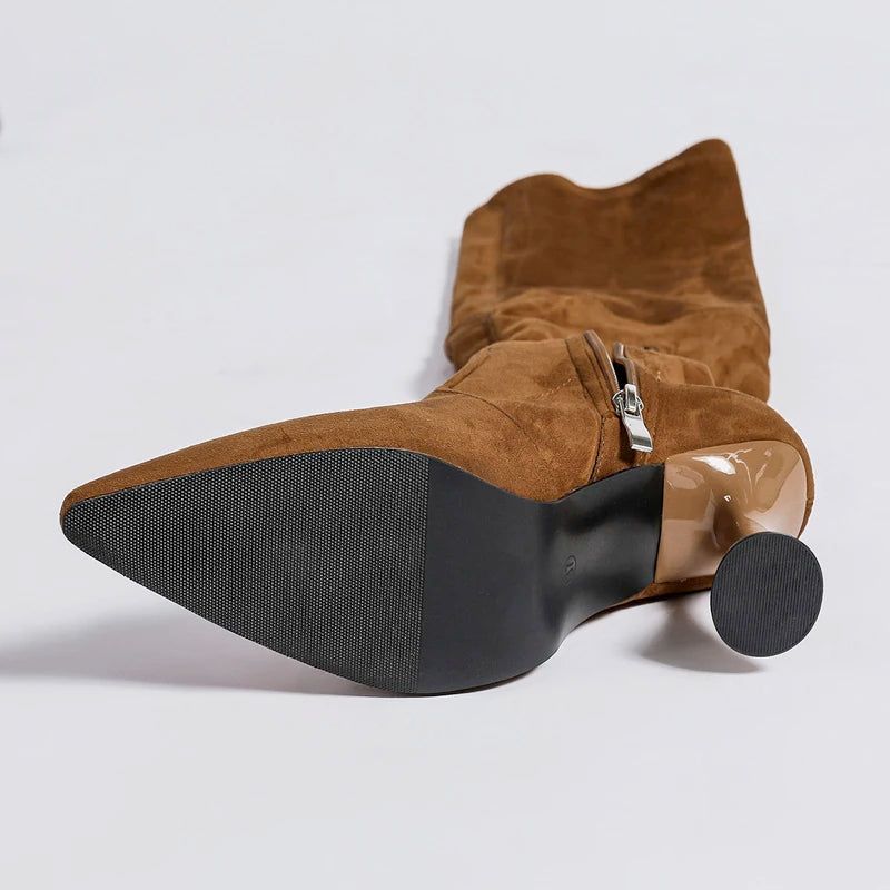 Vrouwen Over De Knie Laarzen Winter Suede Puntige Neus Elastische Slanke Hoge Hak Dames - Bruin