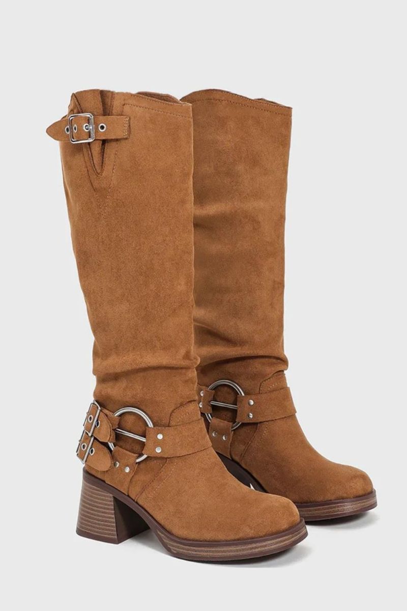 Wasteland Style Motorlaarzen Suede Kniehoge Laarzen Dames Blok Hoge Hakken Laarsschoenen