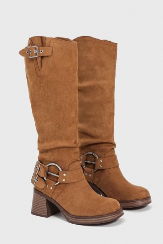 Wasteland Style Motorlaarzen Suede Kniehoge Laarzen Dames Blok Hoge Hakken Laarsschoenen