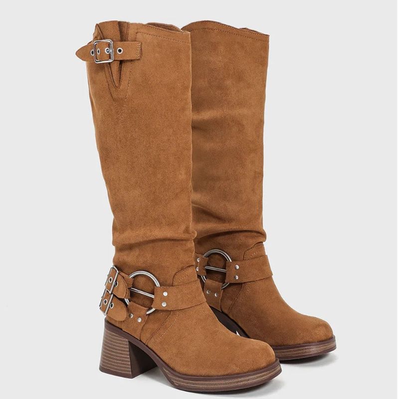 Wasteland Style Motorlaarzen Suede Kniehoge Laarzen Dames Blok Hoge Hakken Laarsschoenen - Bruin