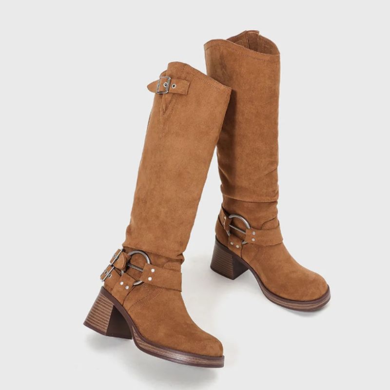 Wasteland Style Motorlaarzen Suede Kniehoge Laarzen Dames Blok Hoge Hakken Laarsschoenen - Bruin