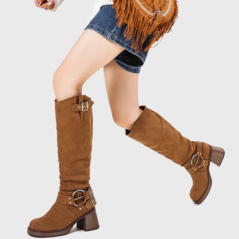 Wasteland Style Motorlaarzen Suede Kniehoge Laarzen Dames Blok Hoge Hakken Laarsschoenen - Bruin