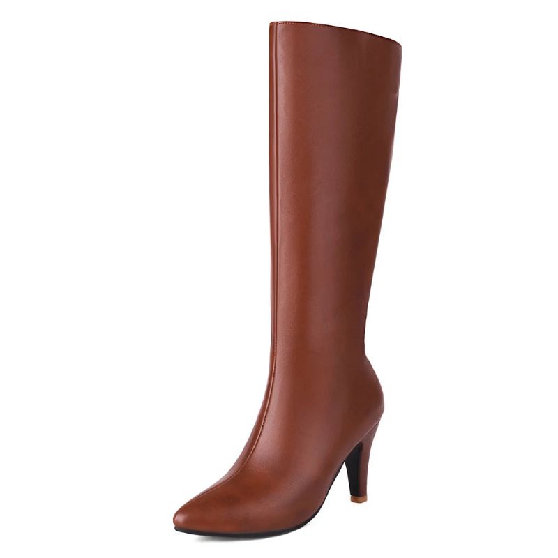 Winter Dames Kniehoge Moderne Laarzen Big Size Taps Toelopende Hak Boot Stiletto Party Schoenen - Bruin