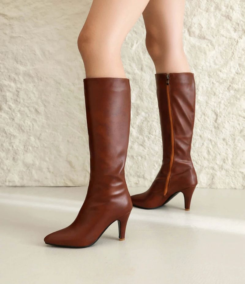 Winter Dames Kniehoge Moderne Laarzen Big Size Taps Toelopende Hak Boot Stiletto Party Schoenen - Bruin