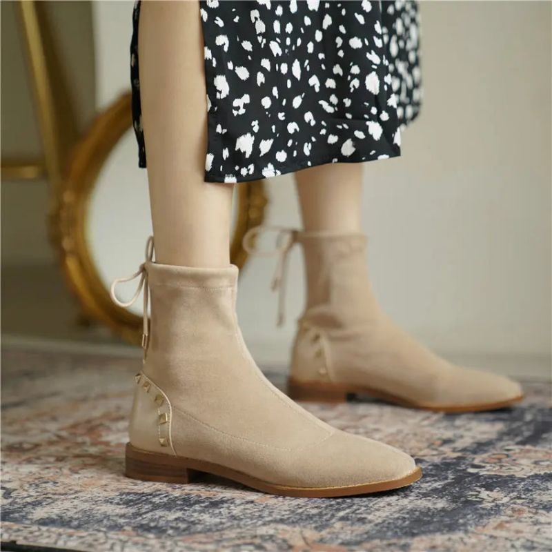 Winter Dames Pluche Enkellaarsjes Beige Stretch Casual Dame Vierkante Neus Lage Blokhak Vetersluiting Korte Laarzen - Zwart