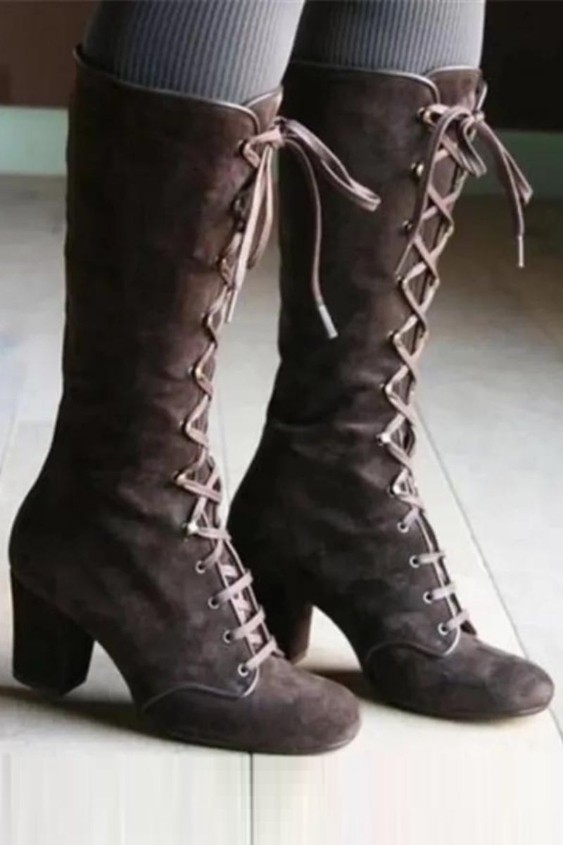 Winter Vrouwen Laarzen Schoenen Vintage Veterschoenen Ronde Cowboy Hoge Hakken Booties Vrouw