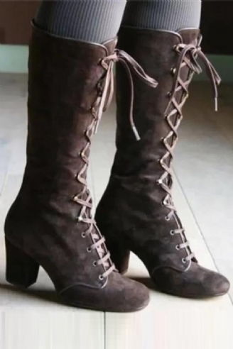 Winter Vrouwen Laarzen Schoenen Vintage Veterschoenen Ronde Cowboy Hoge Hakken Booties Vrouw