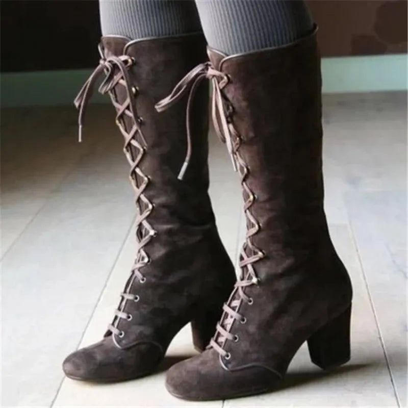 Winter Vrouwen Laarzen Schoenen Vintage Veterschoenen Ronde Cowboy Hoge Hakken Booties Vrouw - Zwart