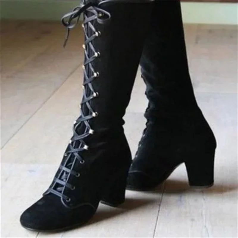 Winter Vrouwen Laarzen Schoenen Vintage Veterschoenen Ronde Cowboy Hoge Hakken Booties Vrouw - Zwart