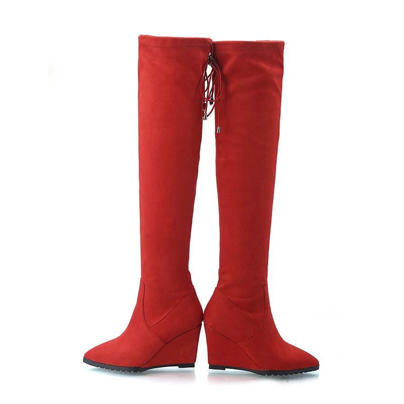 Winterlaarzen Dames Effen Wiggen Schoenen Hakken Over De Knie Laarzen Elegant - Rood