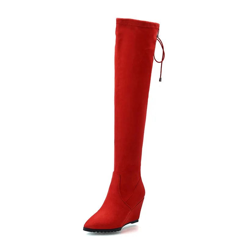 Winterlaarzen Dames Effen Wiggen Schoenen Hakken Over De Knie Laarzen Elegant - Rood