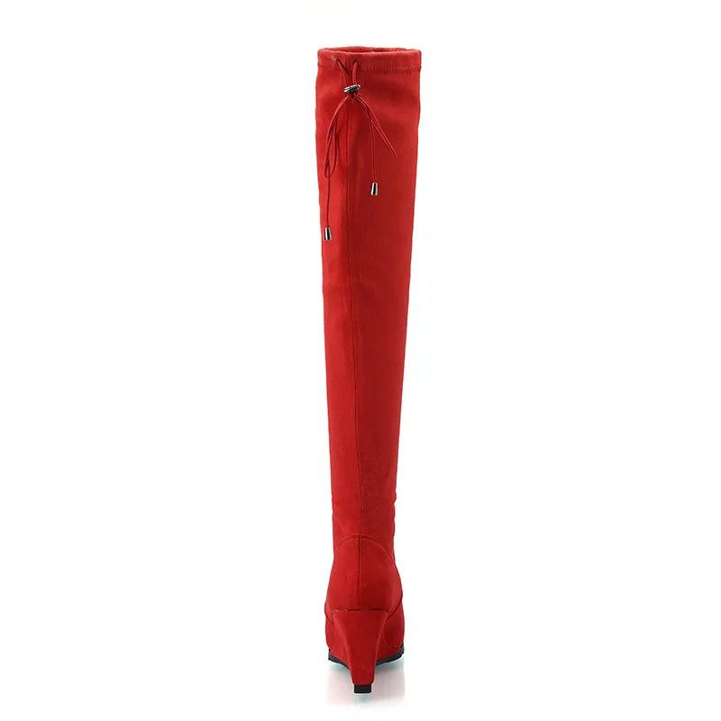 Winterlaarzen Dames Effen Wiggen Schoenen Hakken Over De Knie Laarzen Elegant - Rood