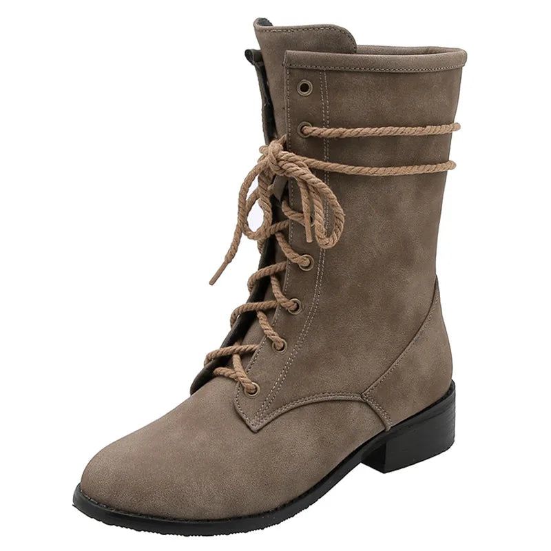 Winterlaarzen Vierkante Middelhoge Hakken Martin Boots Street Style Dames Halfhoge Kuitlaarzen - Bruin