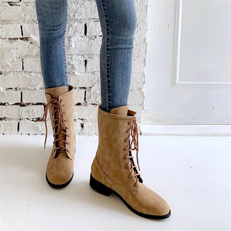 Winterlaarzen Vierkante Middelhoge Hakken Martin Boots Street Style Dames Halfhoge Kuitlaarzen - Bruin