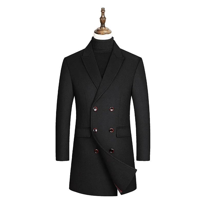 Britse Stijl Wollen Windjack Heren Effen Trendy Jas Slim Fit Zakelijke Elegante Trenchcoat - Zwart