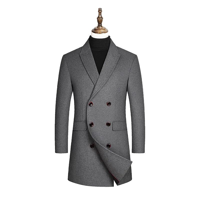 Britse Stijl Wollen Windjack Heren Effen Trendy Jas Slim Fit Zakelijke Elegante Trenchcoat - Zwart