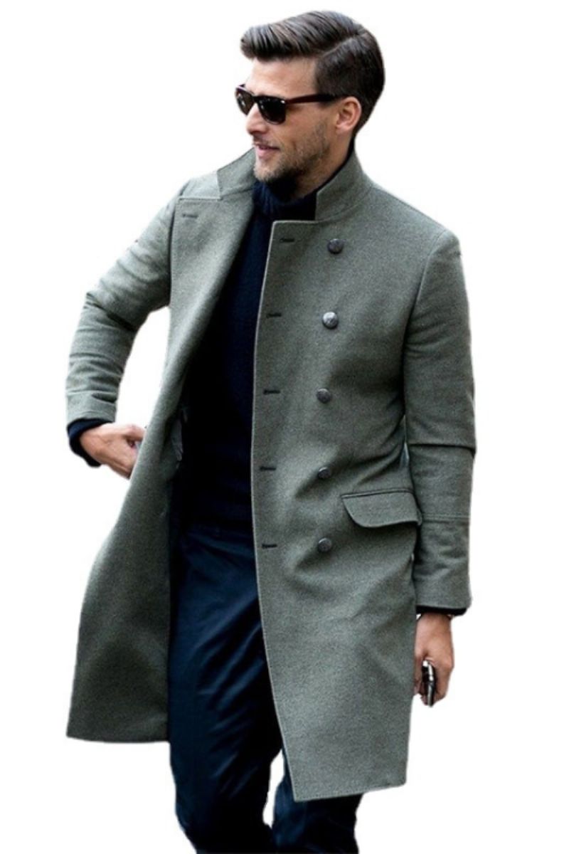 Business Casual Stand Kraag Double Breasted Wollen Jas Heren Winter Overjas Lange Melton Trenchcoat