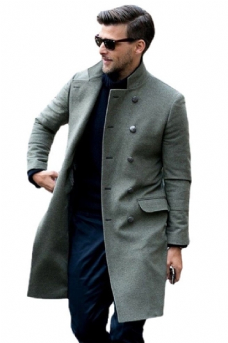 Business Casual Stand Kraag Double Breasted Wollen Jas Heren Winter Overjas Lange Melton Trenchcoat