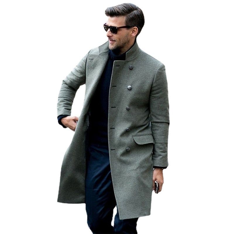 Business Casual Stand Kraag Double Breasted Wollen Jas Heren Winter Overjas Lange Melton Trenchcoat - Legergrijs