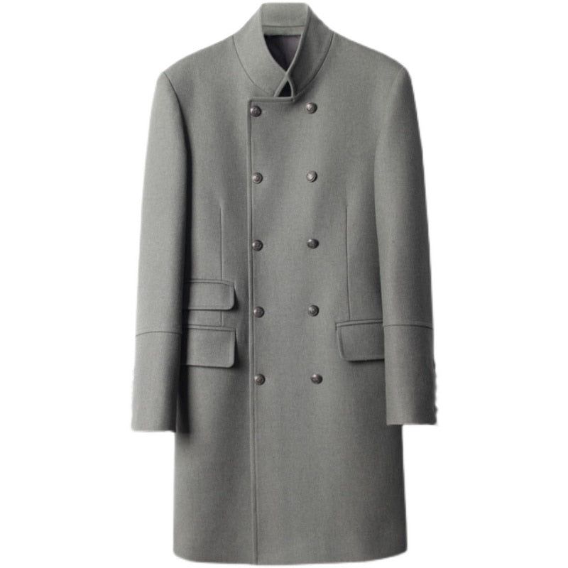 Business Casual Stand Kraag Double Breasted Wollen Jas Heren Winter Overjas Lange Melton Trenchcoat - Legergrijs