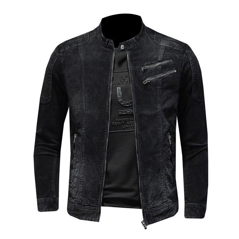 Corduroy Jeans Jas Heren Denim Jas Bomber Motorcycle Stand Kraag Lange Mouw Slanke Straat Zwarte Cowboy Uitloper Kleding - Zwart