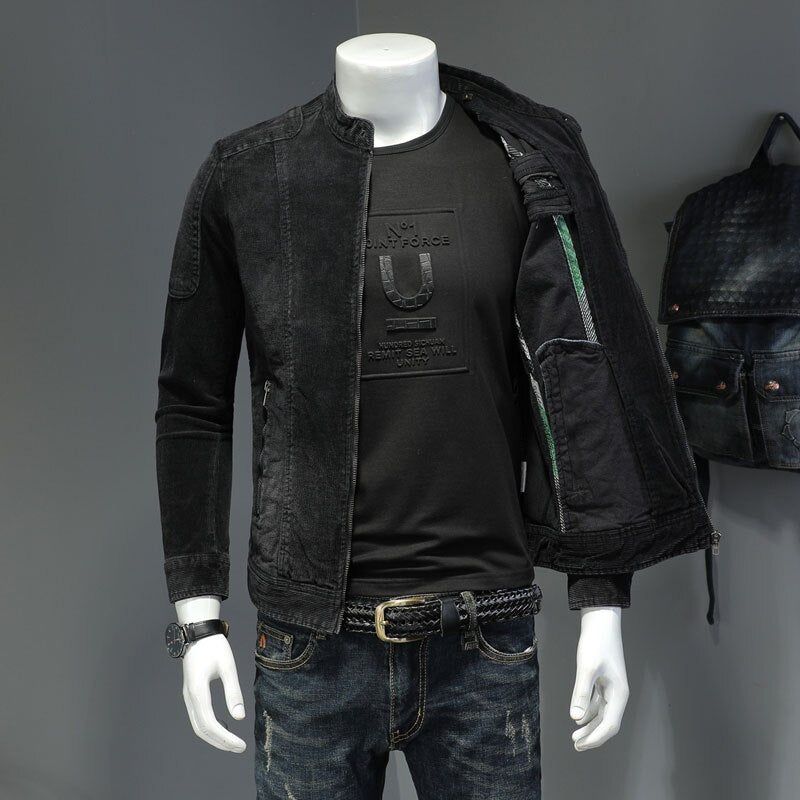 Corduroy Jeans Jas Heren Denim Jas Bomber Motorcycle Stand Kraag Lange Mouw Slanke Straat Zwarte Cowboy Uitloper Kleding - Zwart