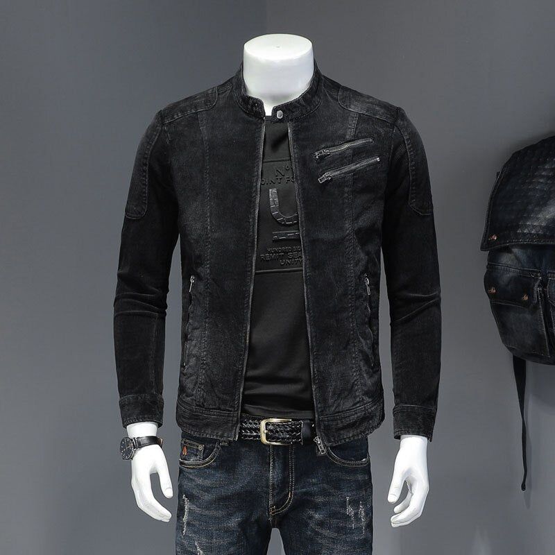 Corduroy Jeans Jas Heren Denim Jas Bomber Motorcycle Stand Kraag Lange Mouw Slanke Straat Zwarte Cowboy Uitloper Kleding - Zwart