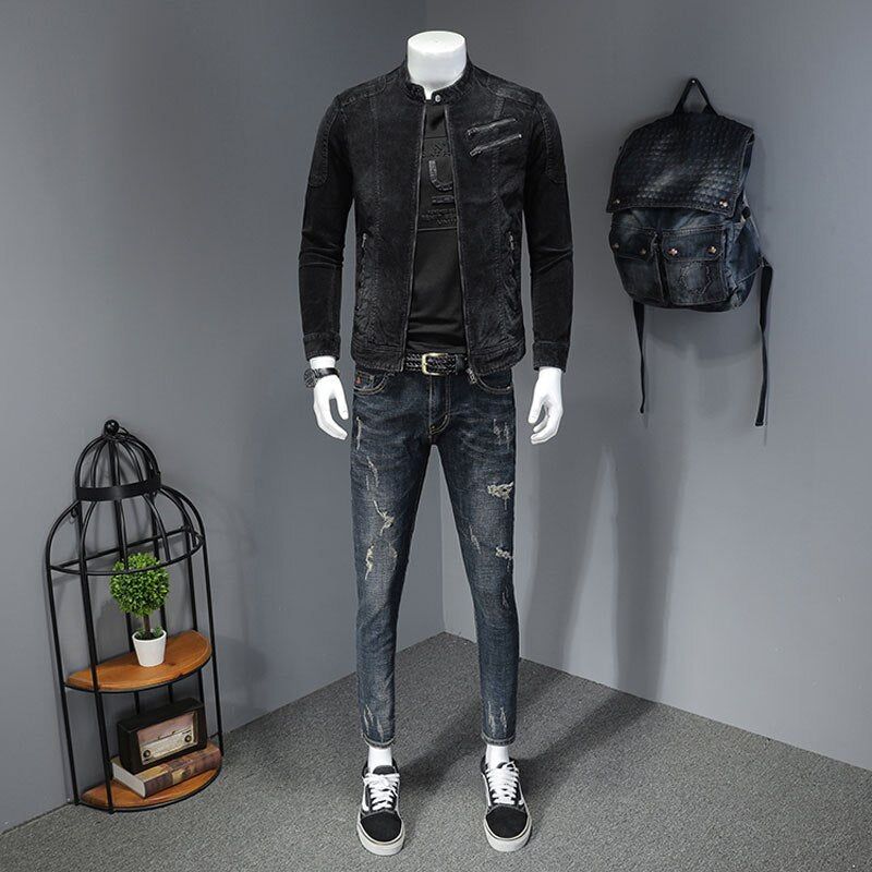 Corduroy Jeans Jas Heren Denim Jas Bomber Motorcycle Stand Kraag Lange Mouw Slanke Straat Zwarte Cowboy Uitloper Kleding - Zwart