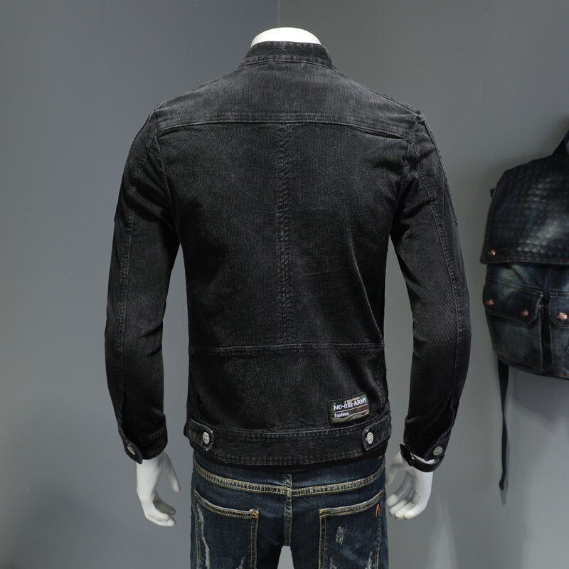 Corduroy Jeans Jas Heren Denim Jas Bomber Motorcycle Stand Kraag Lange Mouw Slanke Straat Zwarte Cowboy Uitloper Kleding - Zwart