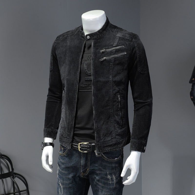 Corduroy Jeans Jas Heren Denim Jas Bomber Motorcycle Stand Kraag Lange Mouw Slanke Straat Zwarte Cowboy Uitloper Kleding - Zwart