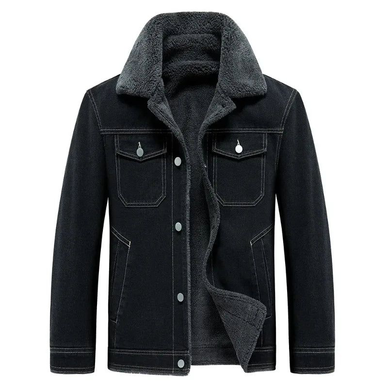 Denim Fleecejack Heren Dikker Warm Windjack Multi-zakken Cowboyjassen Outdoor Casual Losse Overjas Winter - Zwart