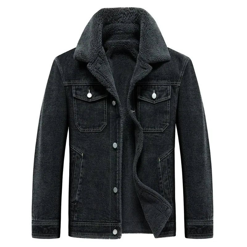 Denim Fleecejack Heren Dikker Warm Windjack Multi-zakken Cowboyjassen Outdoor Casual Losse Overjas Winter - Zwart