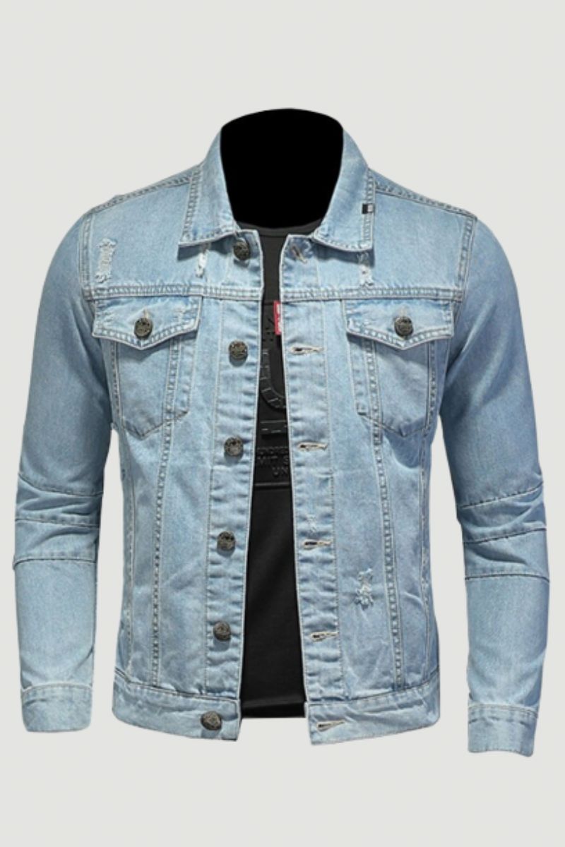 Denim Jack Heren Jeansjassen Revers Lange Mouw Single-breasted Slanke Motorfietsbommenwerper Lichtblauw Casual Uitloperkleding