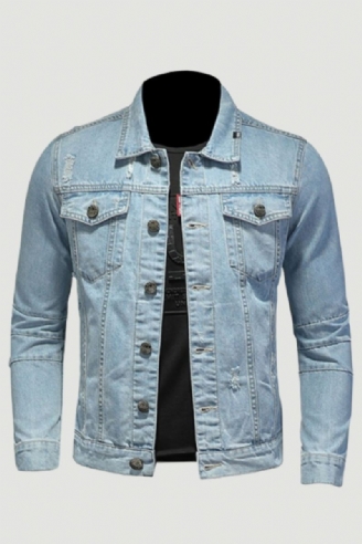 Denim Jack Heren Jeansjassen Revers Lange Mouw Single-breasted Slanke Motorfietsbommenwerper Lichtblauw Casual Uitloperkleding