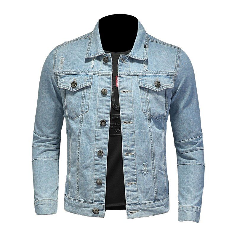 Denim Jack Heren Jeansjassen Revers Lange Mouw Single-breasted Slanke Motorfietsbommenwerper Lichtblauw Casual Uitloperkleding - Hemelsblauw