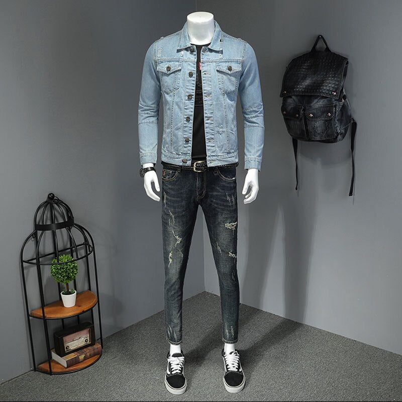 Denim Jack Heren Jeansjassen Revers Lange Mouw Single-breasted Slanke Motorfietsbommenwerper Lichtblauw Casual Uitloperkleding - Hemelsblauw