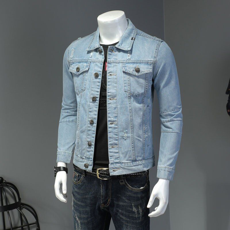 Denim Jack Heren Jeansjassen Revers Lange Mouw Single-breasted Slanke Motorfietsbommenwerper Lichtblauw Casual Uitloperkleding - Hemelsblauw