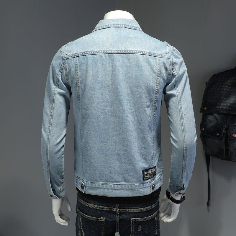 Denim Jack Heren Jeansjassen Revers Lange Mouw Single-breasted Slanke Motorfietsbommenwerper Lichtblauw Casual Uitloperkleding - Hemelsblauw