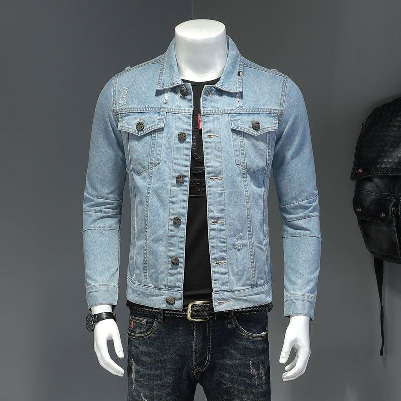 Denim Jack Heren Jeansjassen Revers Lange Mouw Single-breasted Slanke Motorfietsbommenwerper Lichtblauw Casual Uitloperkleding - Hemelsblauw