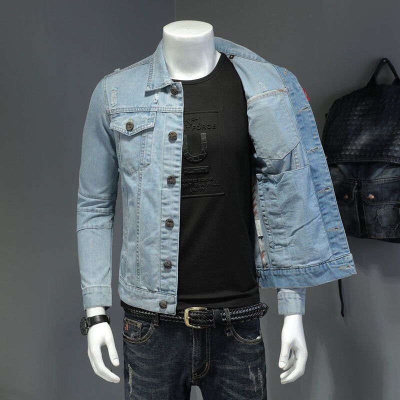 Denim Jack Heren Jeansjassen Revers Lange Mouw Single-breasted Slanke Motorfietsbommenwerper Lichtblauw Casual Uitloperkleding - Hemelsblauw