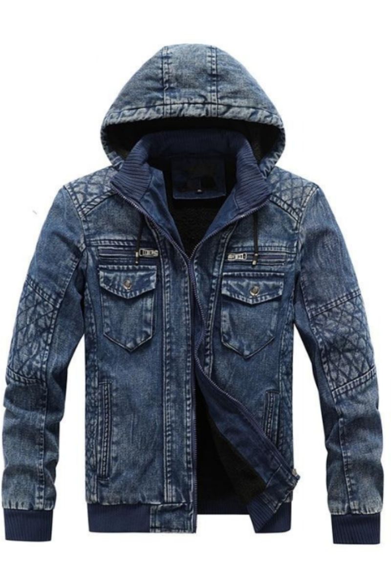 Denim Jack Voor Heren Trendy Jean Hoodies Casual Herenfleece Warm Windjack Cowboyjassen Herenkleding