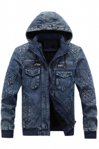 Denim Jack Voor Heren Trendy Jean Hoodies Casual Herenfleece Warm Windjack Cowboyjassen Herenkleding